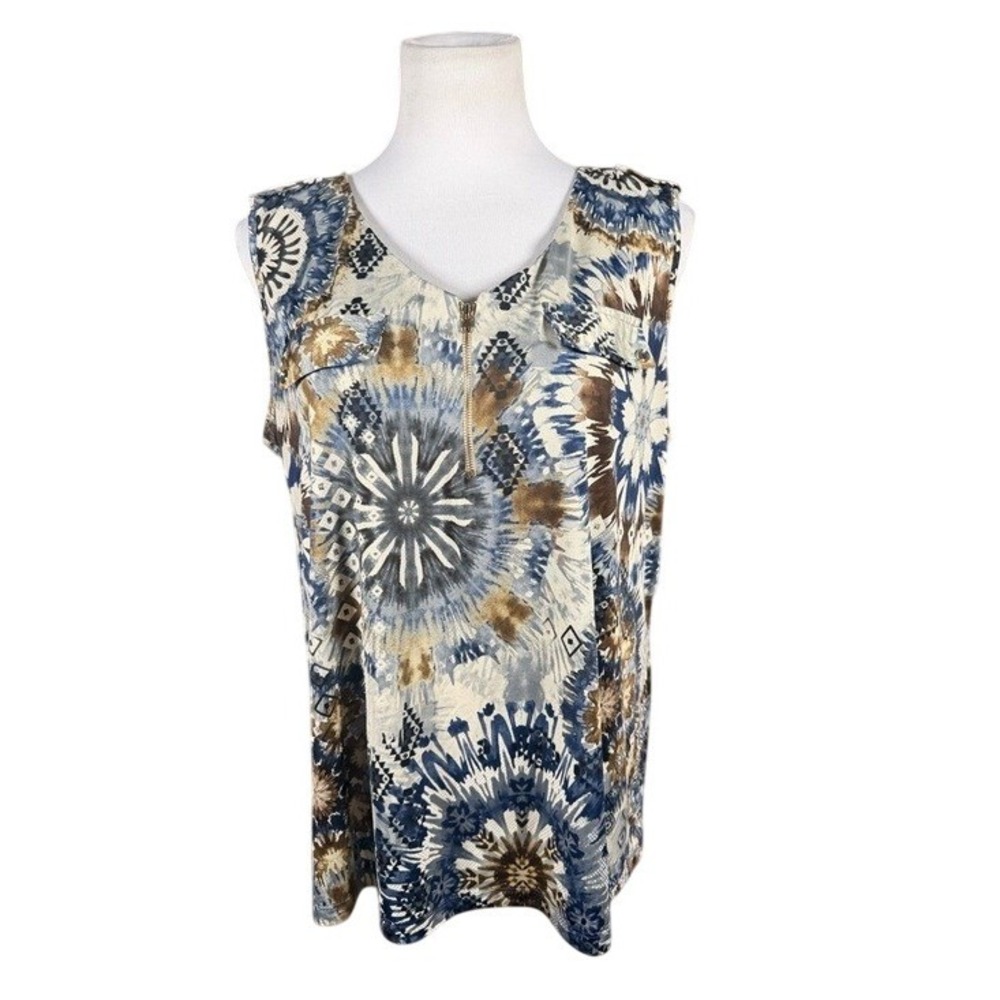 PerSeption Concept Womens XL Blue Brown Mandala Print Zip V-Neck Blouse Tank Top